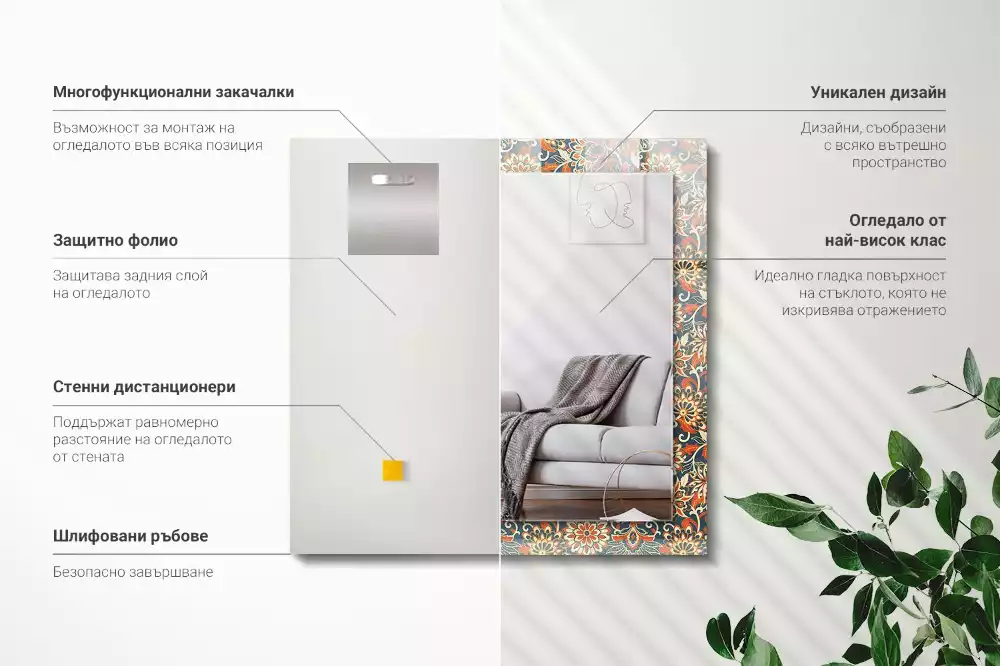 Négyszögletes díszes tükör Virágos tapéta minta