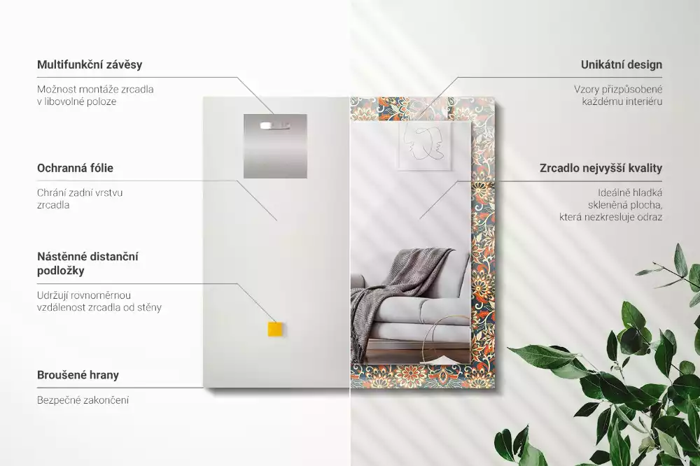 Négyszögletes díszes tükör Virágos tapéta minta