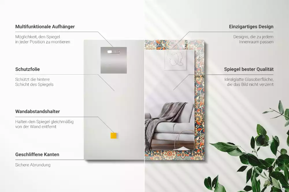 Négyszögletes díszes tükör Virágos tapéta minta