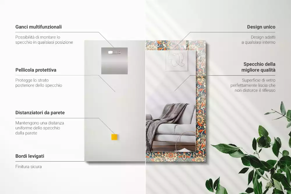 Négyszögletes díszes tükör Virágos tapéta minta