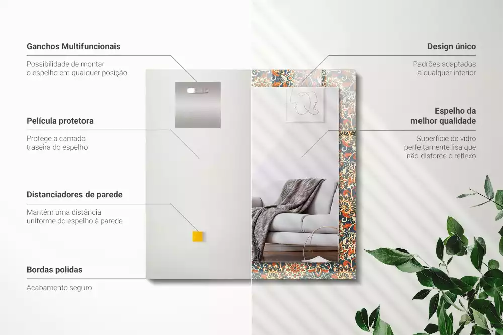 Négyszögletes díszes tükör Virágos tapéta minta