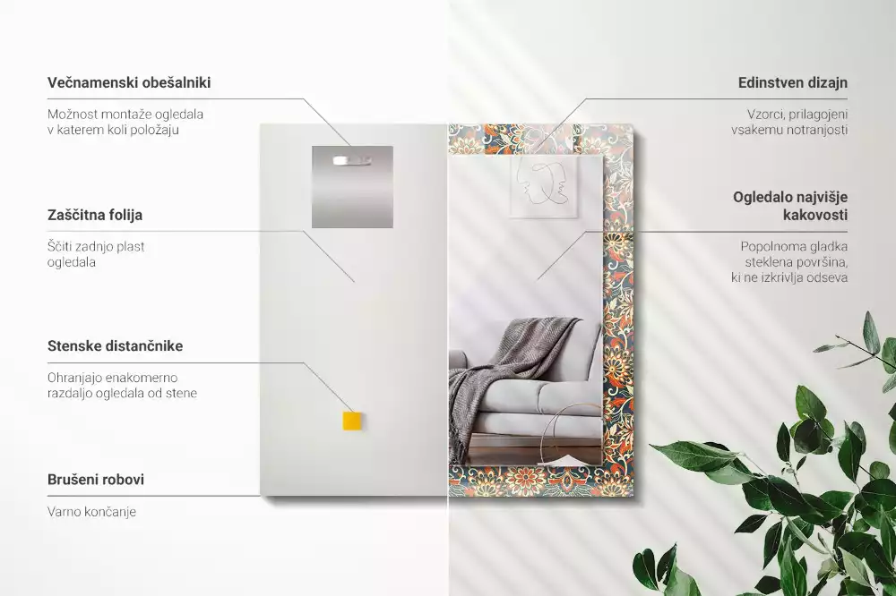 Négyszögletes díszes tükör Virágos tapéta minta