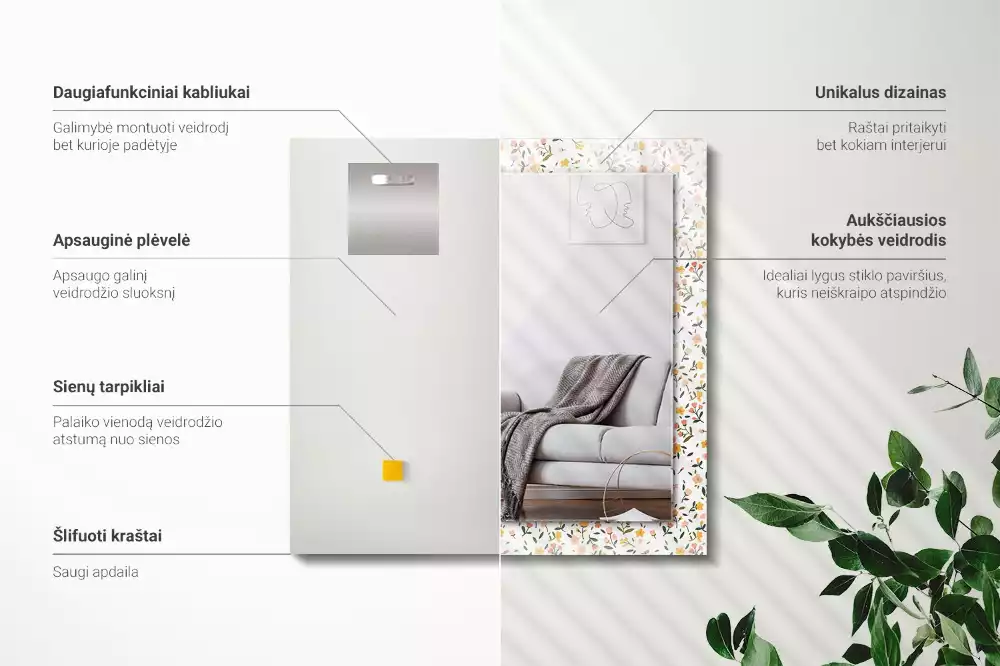 Négyszögletes díszes tükör Virágos szövetmintás