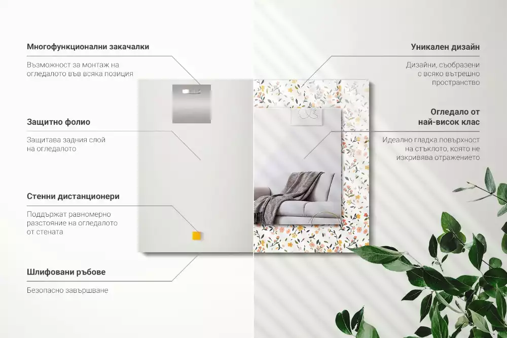 Négyszögletes díszes tükör Virágos szövetmintás