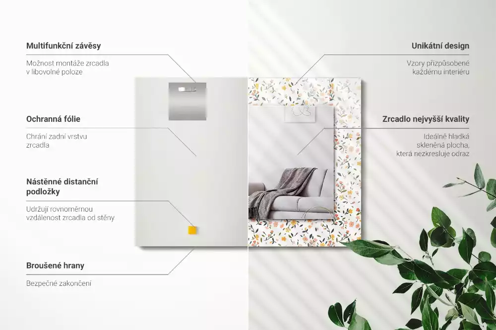 Négyszögletes díszes tükör Virágos szövetmintás