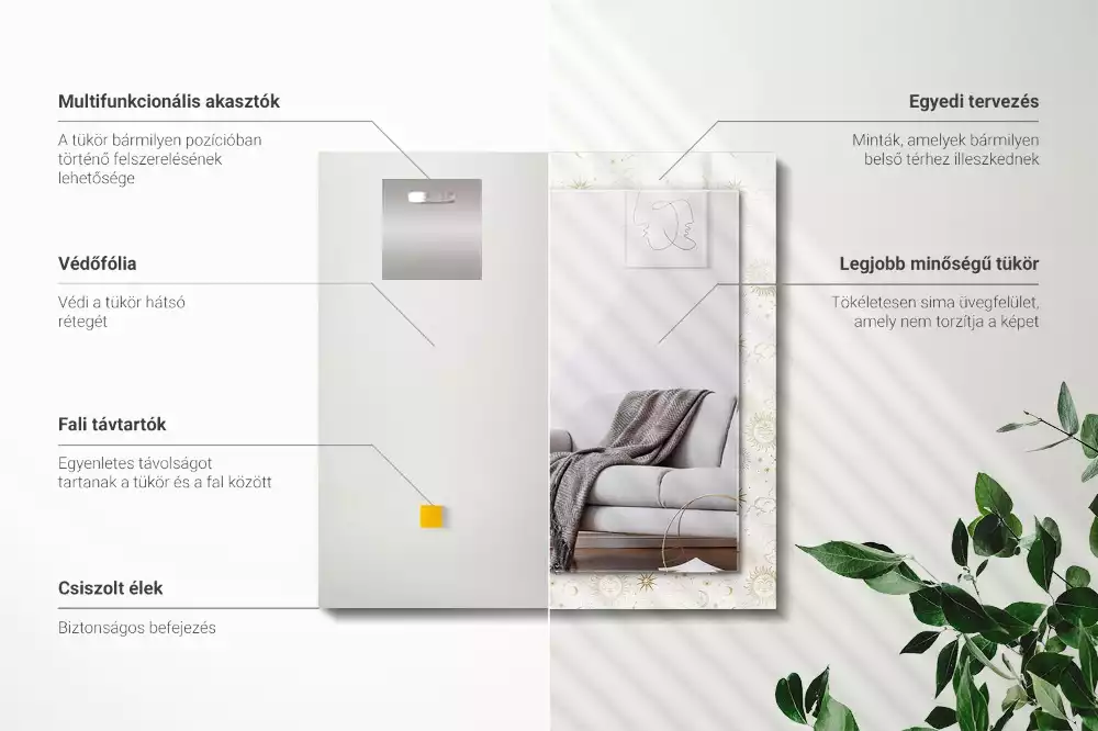 Négyszögletes díszes tükör Nap Hold csillagok