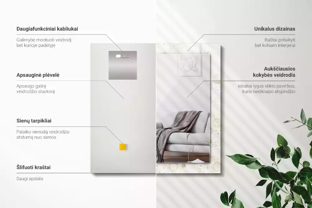 Négyszögletes díszes tükör Nap Hold csillagok