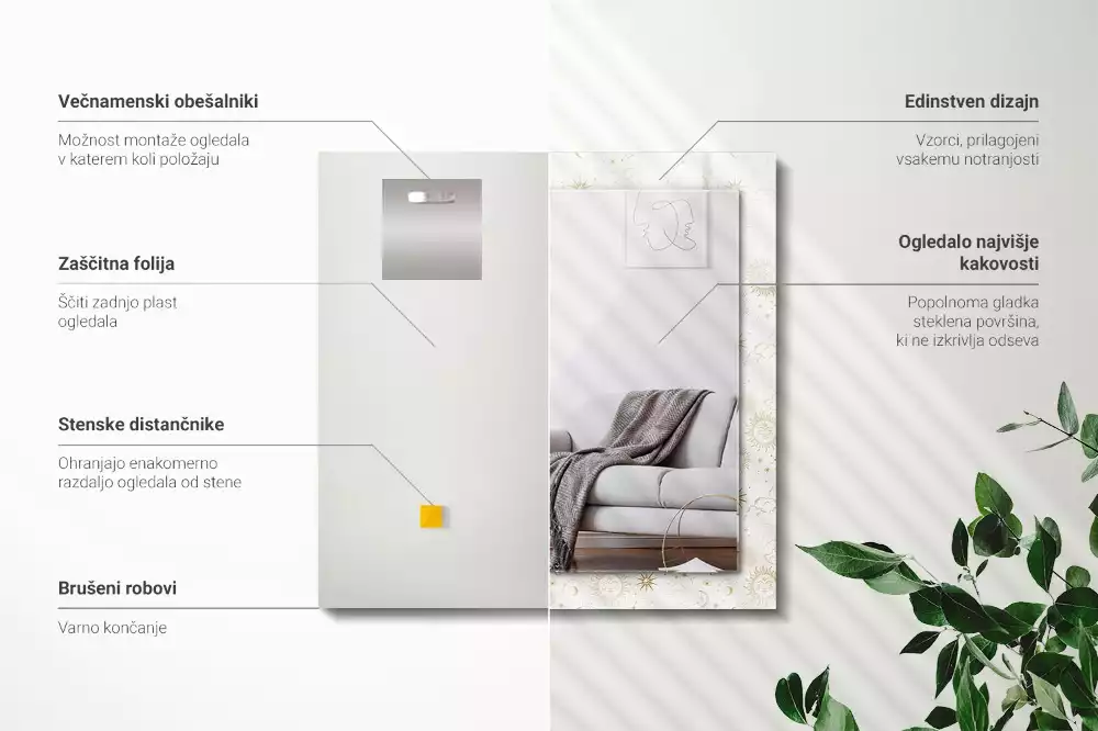 Négyszögletes díszes tükör Nap Hold csillagok