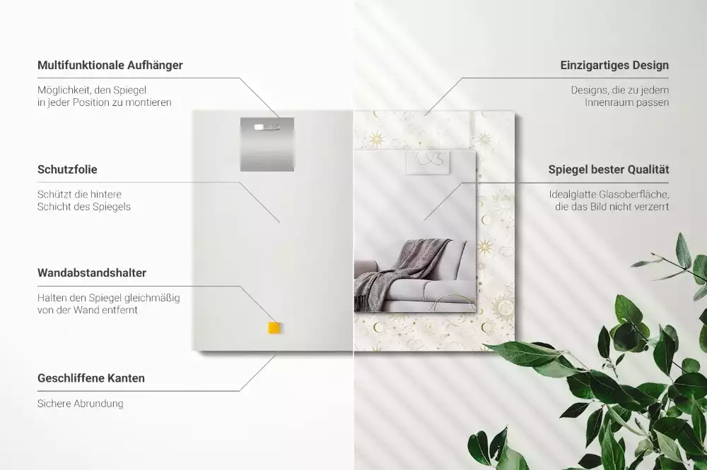 Négyszögletes díszes tükör Nap Hold csillagok