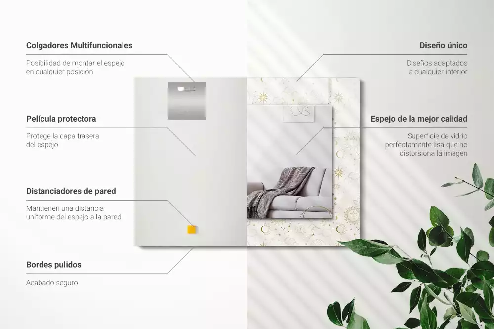 Négyszögletes díszes tükör Nap Hold csillagok