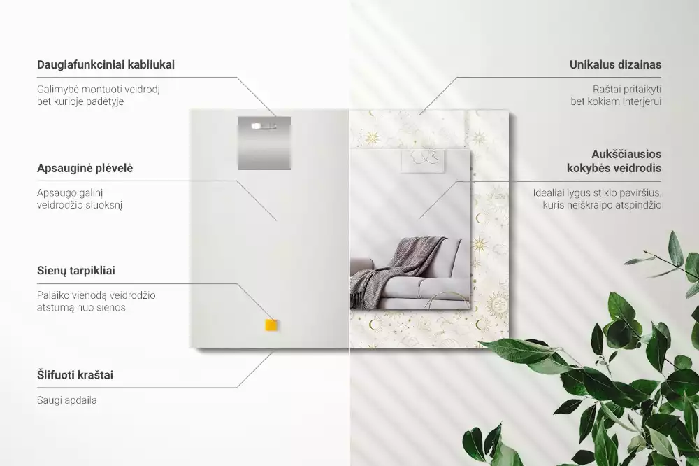 Négyszögletes díszes tükör Nap Hold csillagok