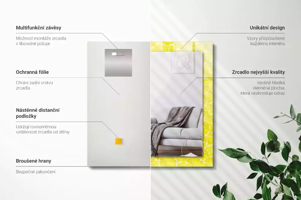 Négyszögletes díszes tükör Citrom szelet minta