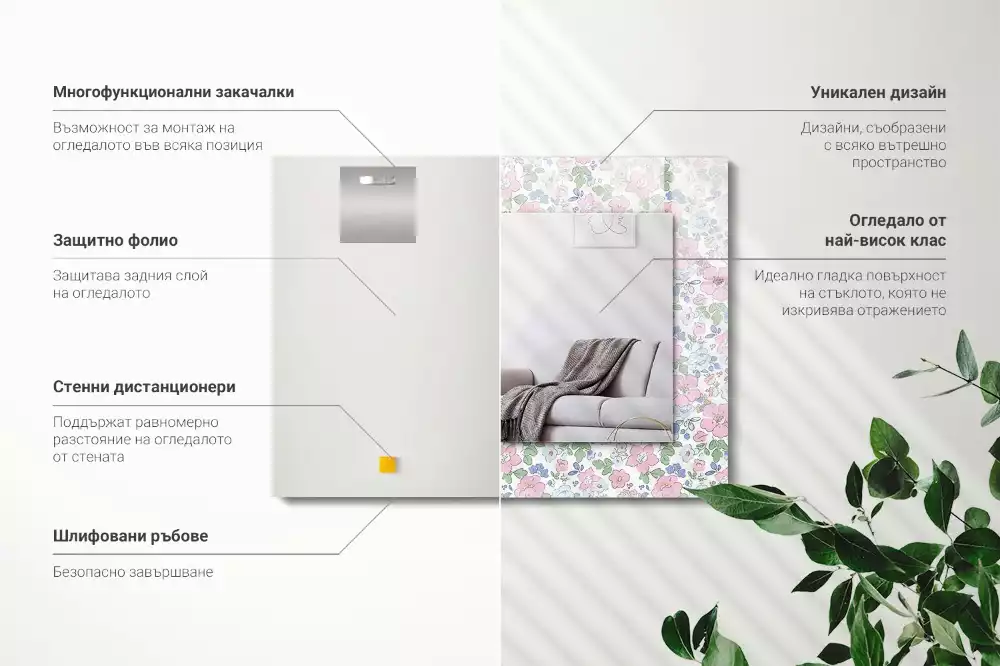 Négyszögletes díszes tükör Virágos szövetmintás