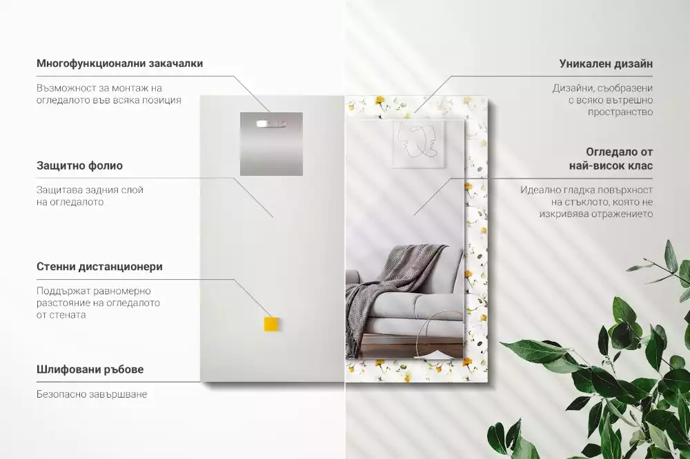 Négyszögletes díszes tükör Virágok levelei minta