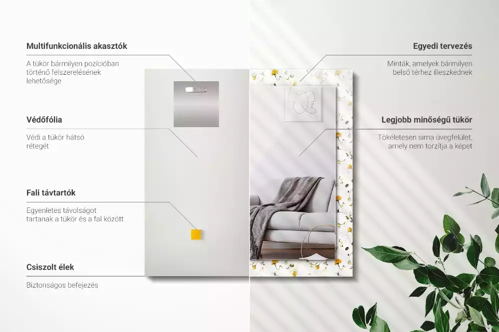 Négyszögletes díszes tükör Virágok levelei minta