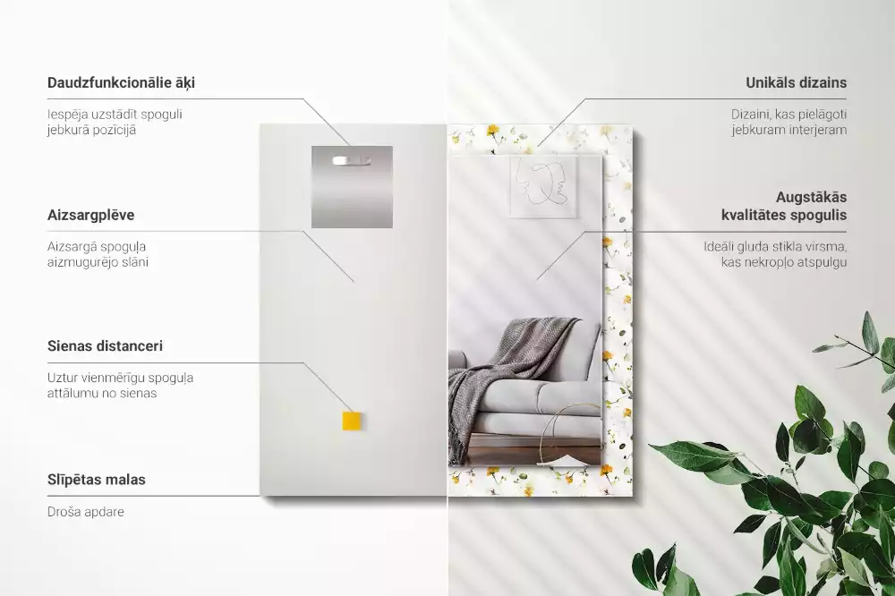 Négyszögletes díszes tükör Virágok levelei minta