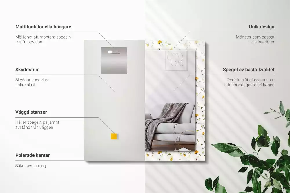 Négyszögletes díszes tükör Virágok levelei minta