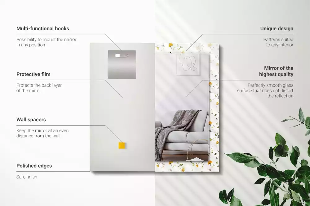 Négyszögletes díszes tükör Virágok levelei minta