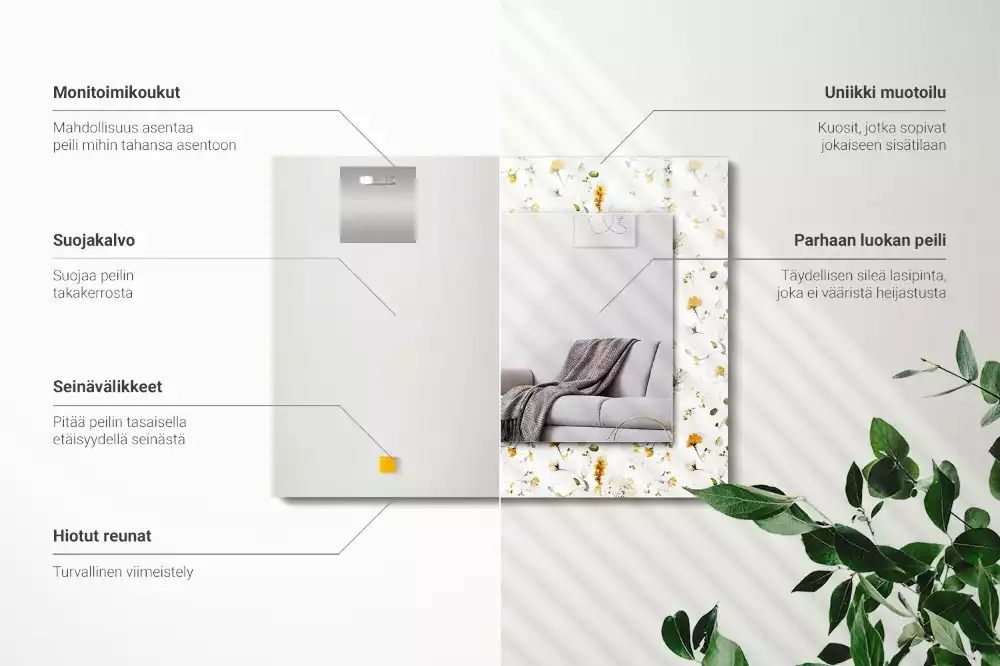 Négyszögletes díszes tükör Virágok levelei minta