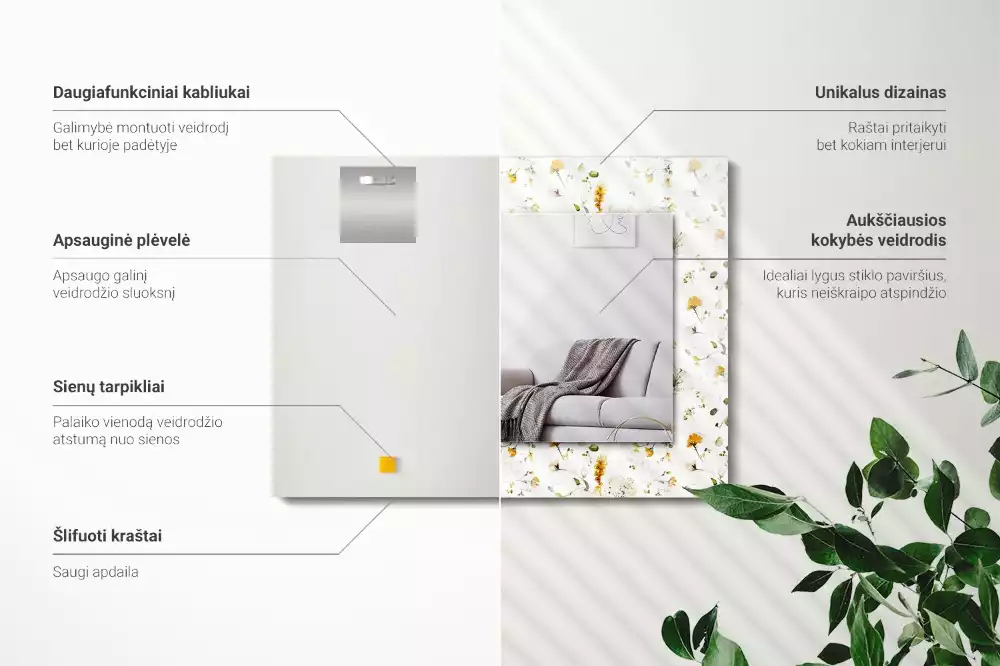 Négyszögletes díszes tükör Virágok levelei minta