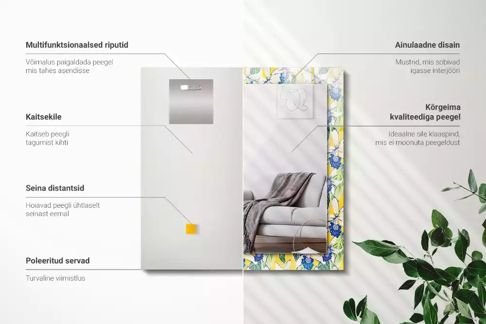 Négyszögletes díszes tükör Virágok és levelek