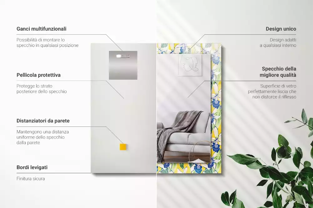 Négyszögletes díszes tükör Virágok és levelek