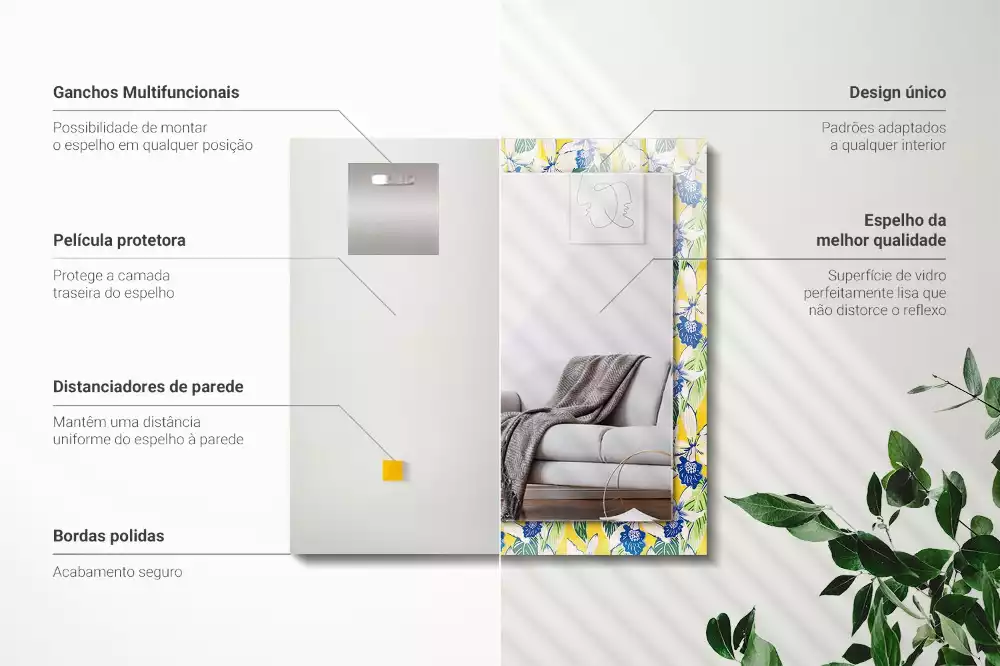 Négyszögletes díszes tükör Virágok és levelek