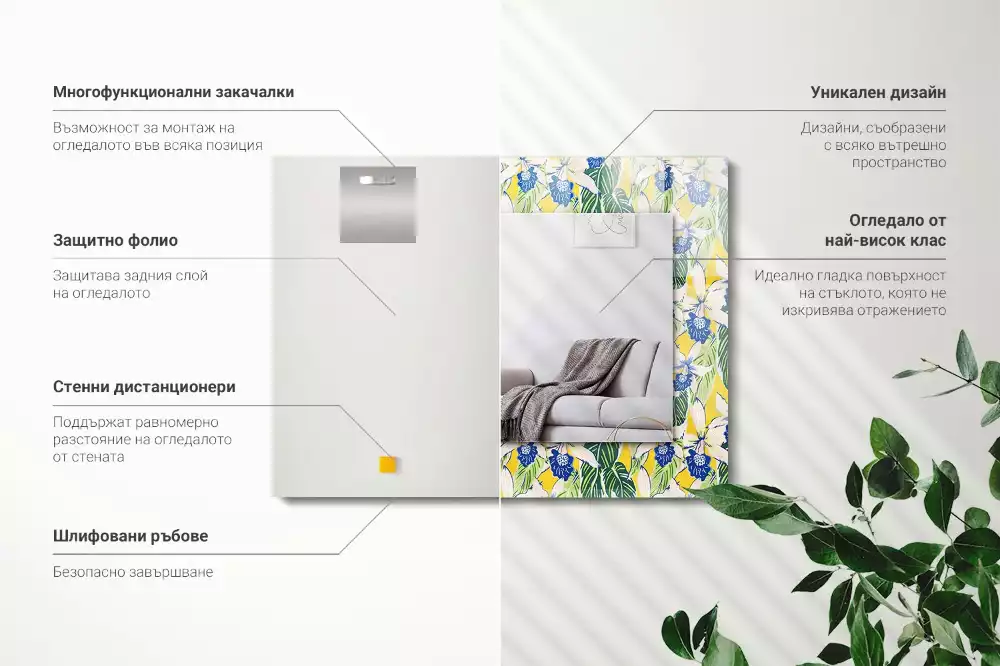 Négyszögletes díszes tükör Virágok és levelek