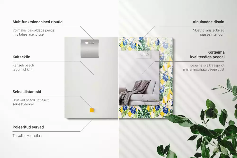 Négyszögletes díszes tükör Virágok és levelek