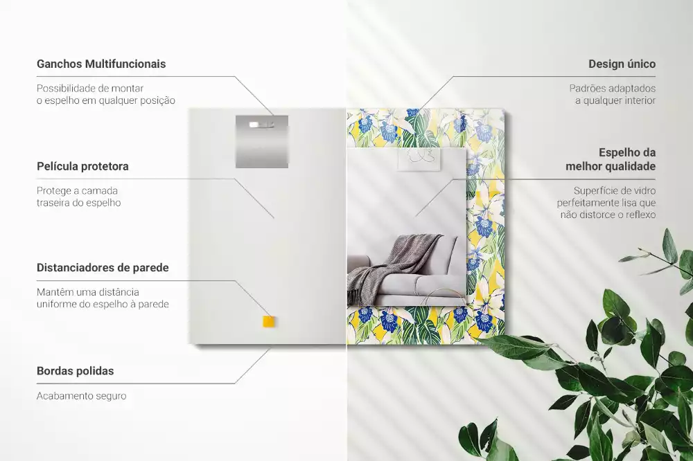 Négyszögletes díszes tükör Virágok és levelek