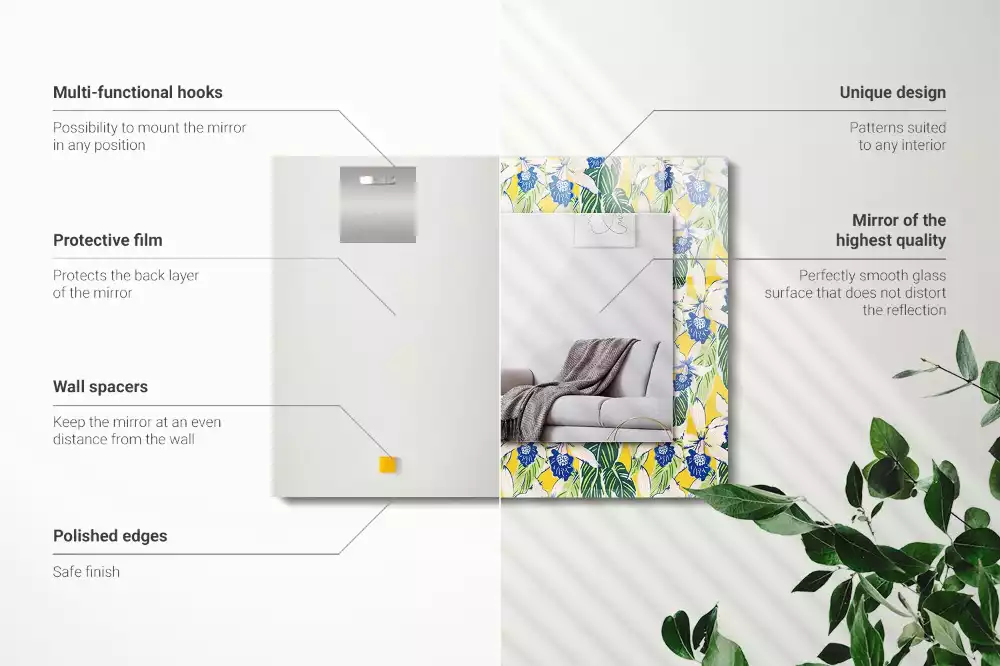 Négyszögletes díszes tükör Virágok és levelek