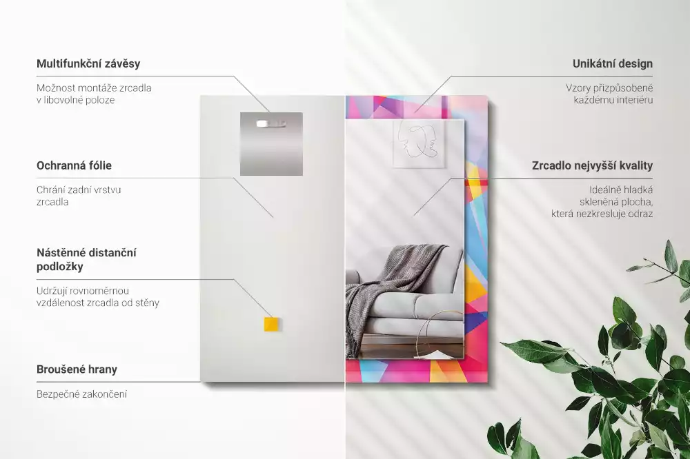 Négyszögletes díszes tükör Színes geometrikus minták