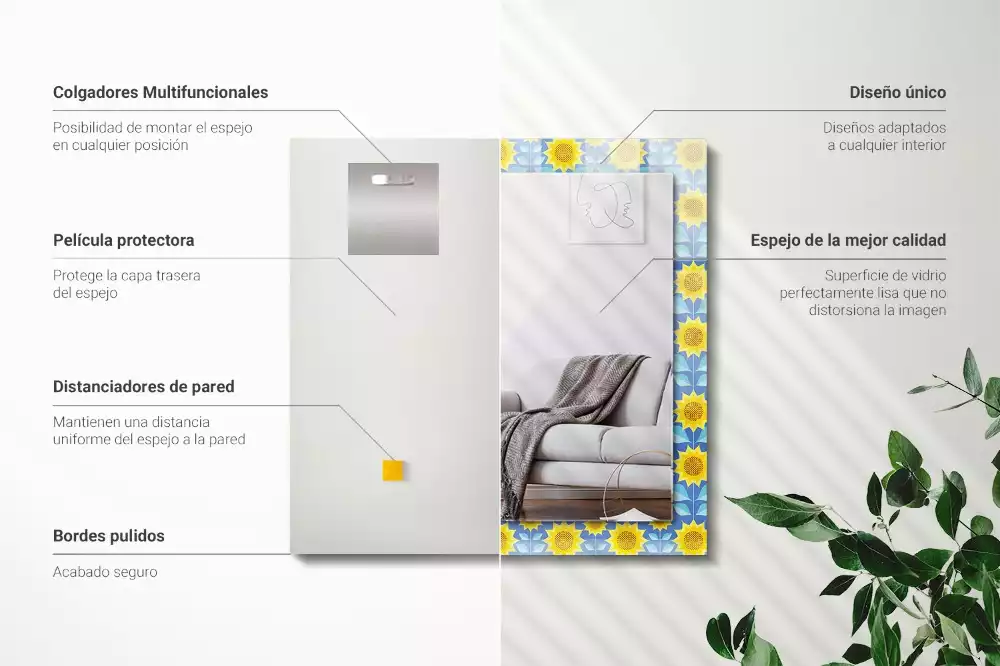 Négyszögletes díszes tükör Napraforgó levelek minta