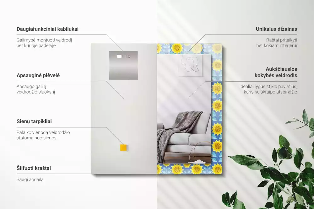 Négyszögletes díszes tükör Napraforgó levelek minta