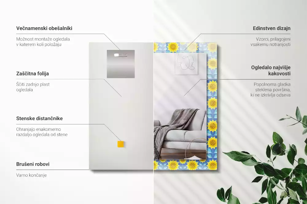 Négyszögletes díszes tükör Napraforgó levelek minta