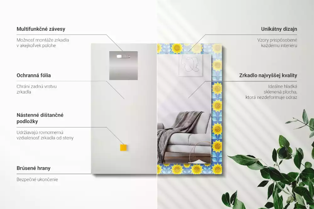 Négyszögletes díszes tükör Napraforgó levelek minta