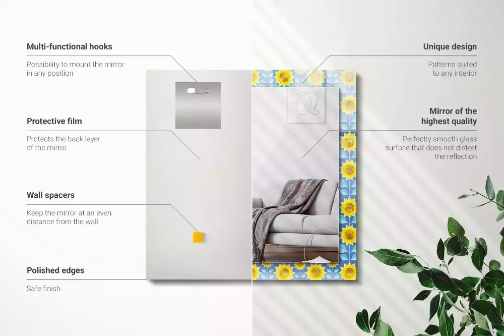 Négyszögletes díszes tükör Napraforgó levelek minta