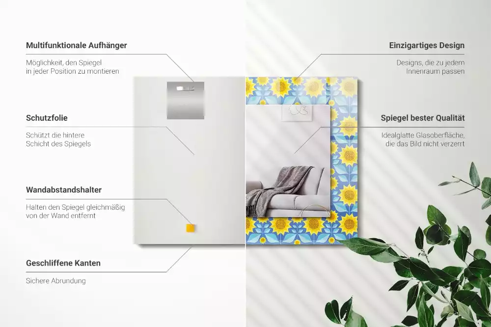 Négyszögletes díszes tükör Napraforgó levelek minta