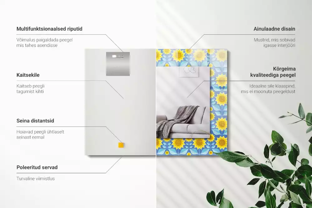 Négyszögletes díszes tükör Napraforgó levelek minta