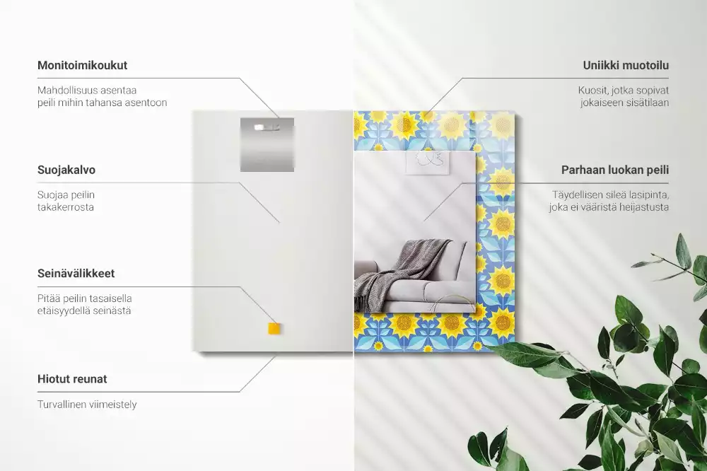 Négyszögletes díszes tükör Napraforgó levelek minta