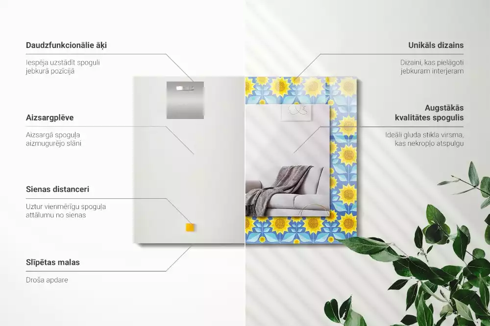 Négyszögletes díszes tükör Napraforgó levelek minta