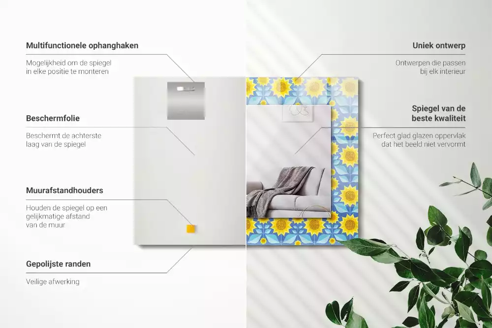 Négyszögletes díszes tükör Napraforgó levelek minta