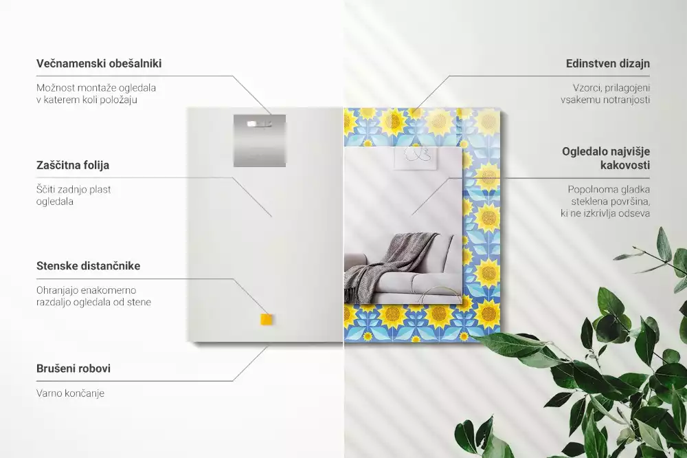 Négyszögletes díszes tükör Napraforgó levelek minta