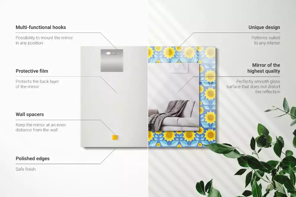 Négyszögletes díszes tükör Napraforgó levelek minta