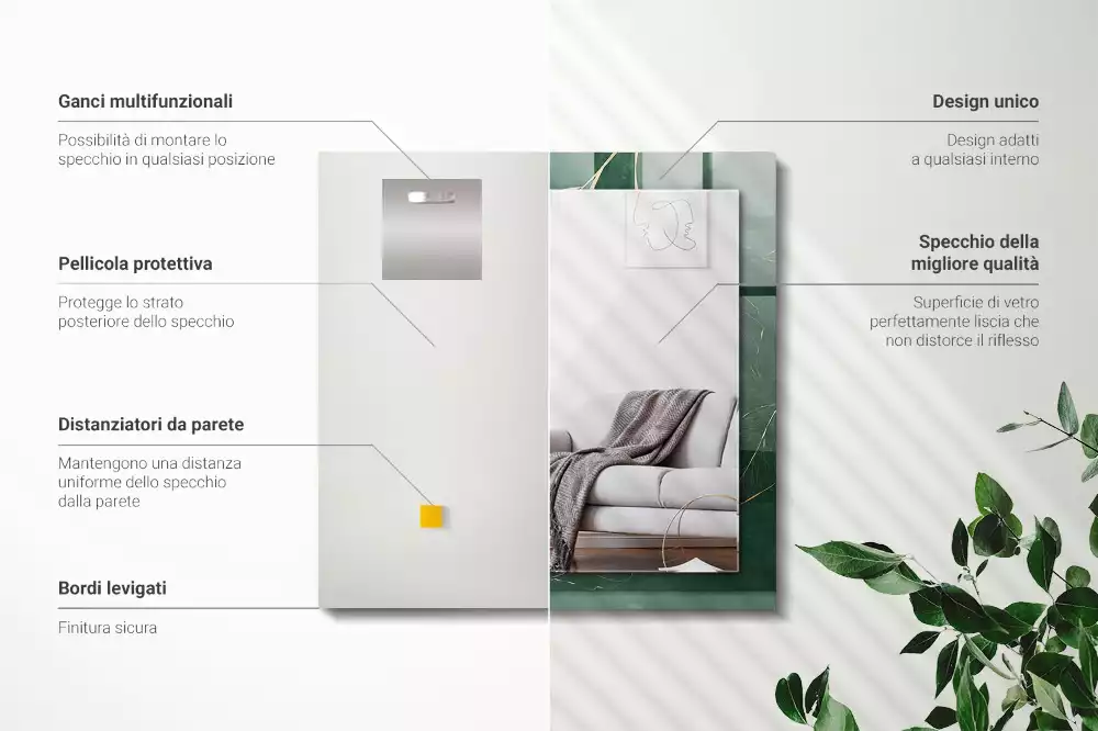 Négyszögletes díszes tükör Zöld levelek arany