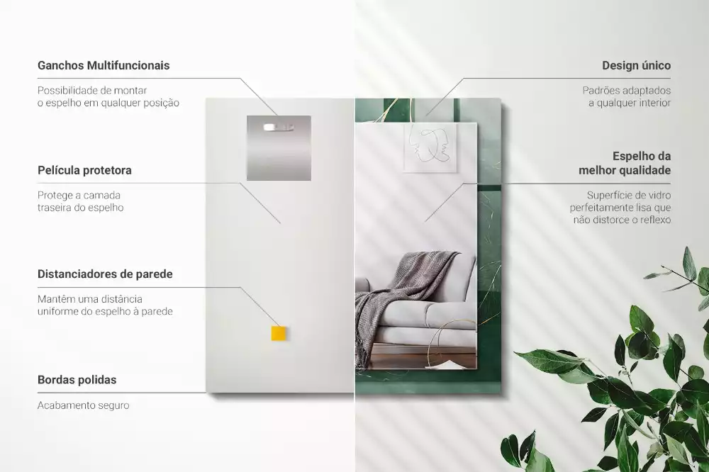 Négyszögletes díszes tükör Zöld levelek arany