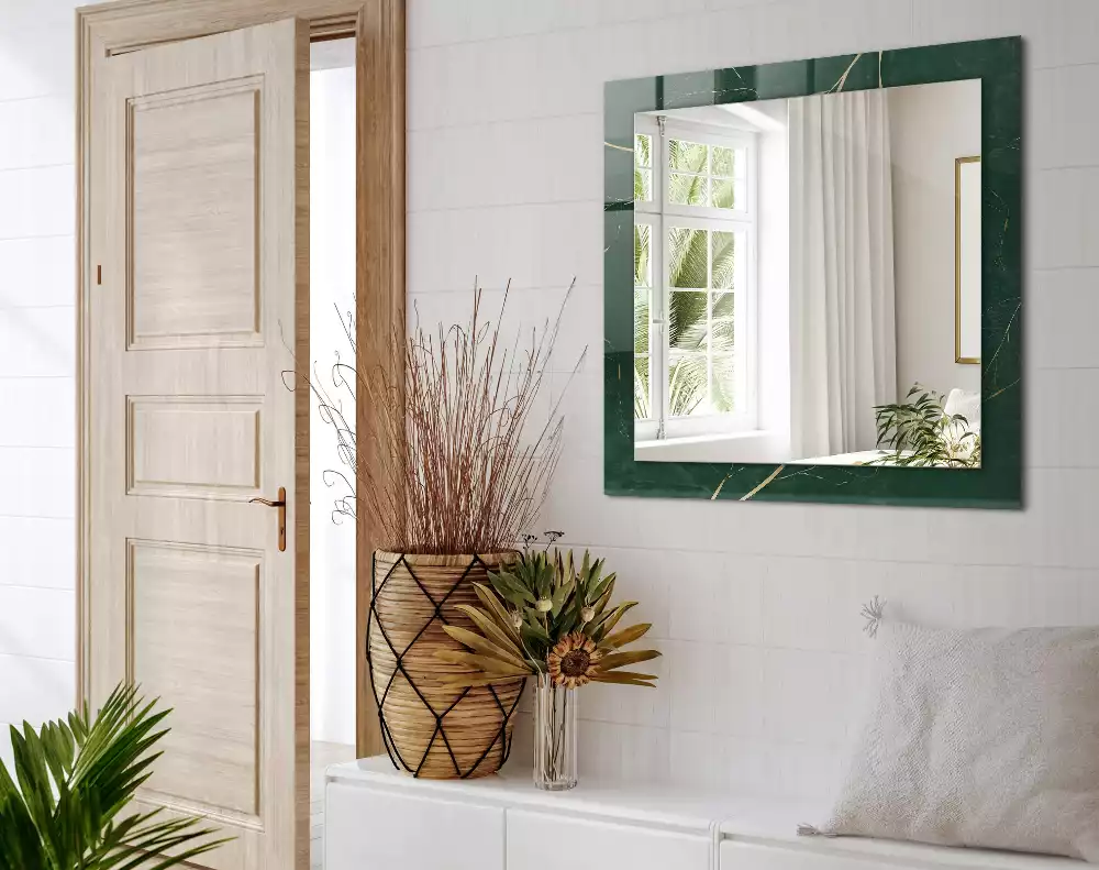 Négyszögletes díszes tükör Zöld levelek arany