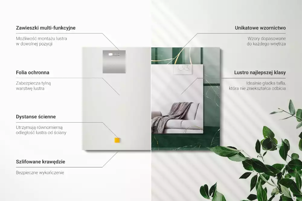 Négyszögletes díszes tükör Zöld levelek arany