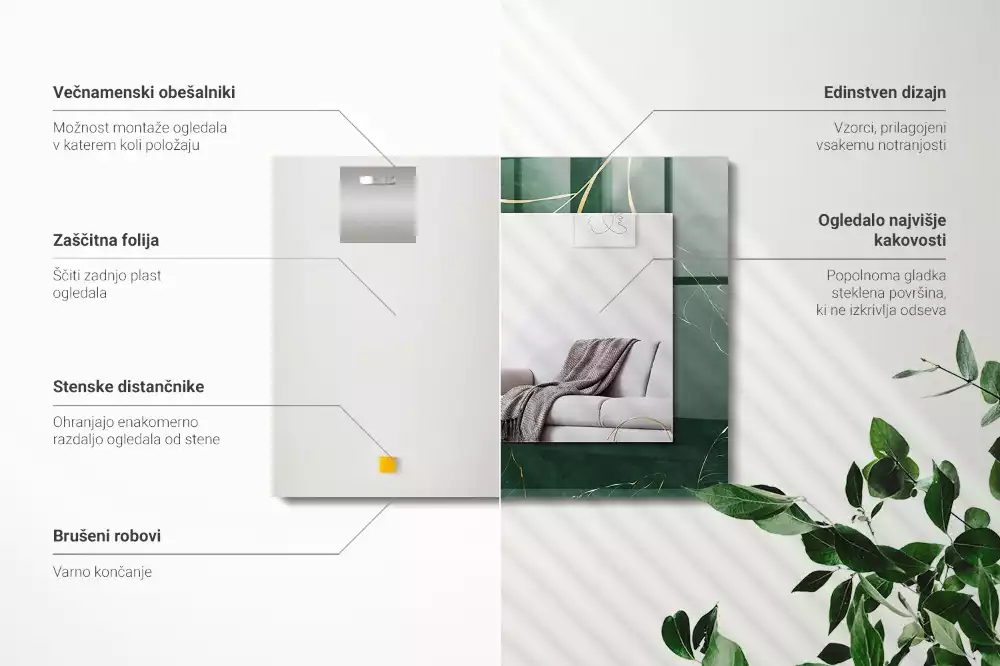 Négyszögletes díszes tükör Zöld levelek arany