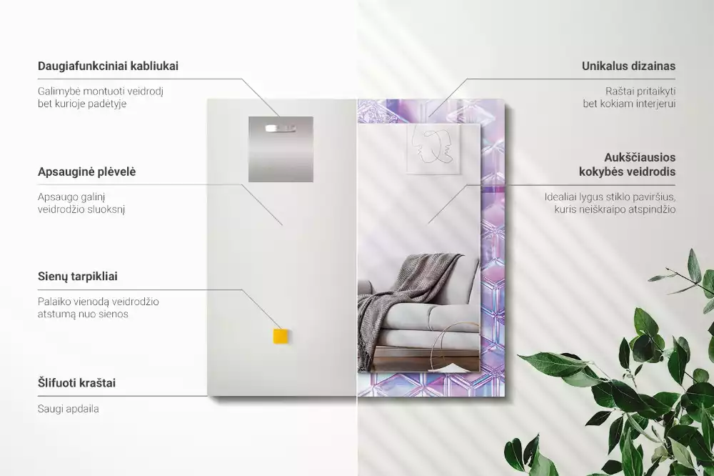 Négyszögletes díszes tükör Átlátszó színes kockák